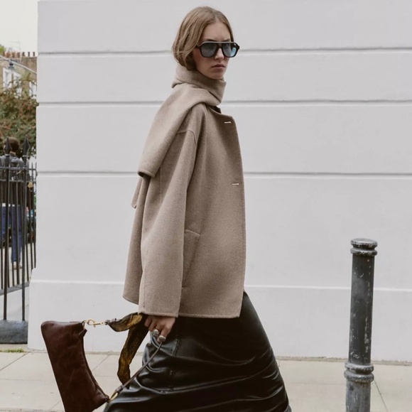 ZARA Wool Blend Jacket with Detachable Scarf Camel Size Small - Picture 1 of 5